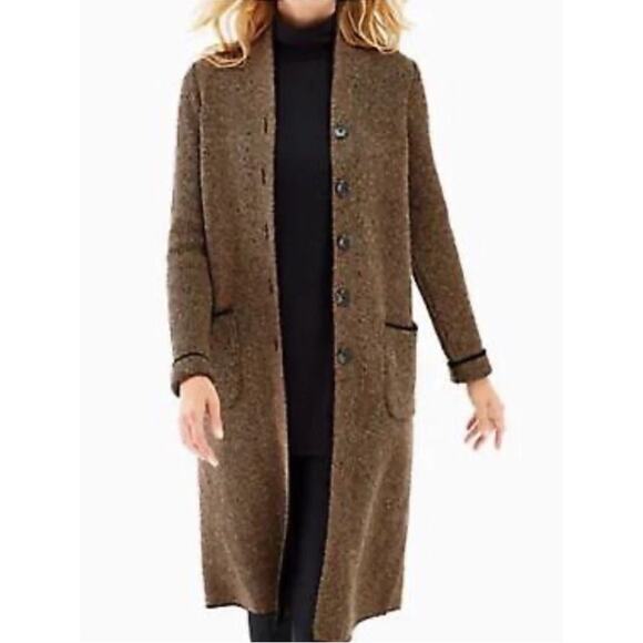 J. Jill Haley Tweed Brown Knit Long Line Sweater Coat Button Up Front Pockets S - Picture 1 of 11